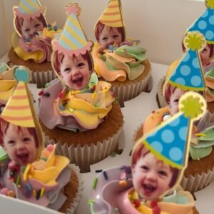 Customisable Party Hat & Face Card Cupcake Toppers - Birthday Hat Toppers - Random Hats - Backed on Gold Mirror Card - Lovely Bubbly Makes